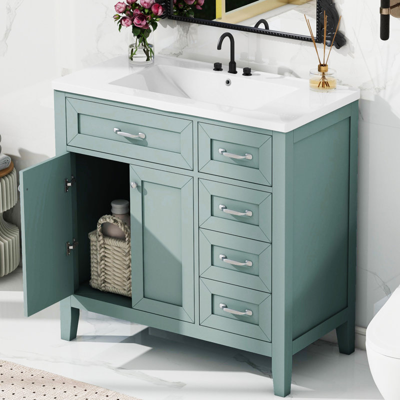 Meuble-lavabo 36 po avec lavabo et porte, armoire de rangement en céramique, Argent argent, Vert
