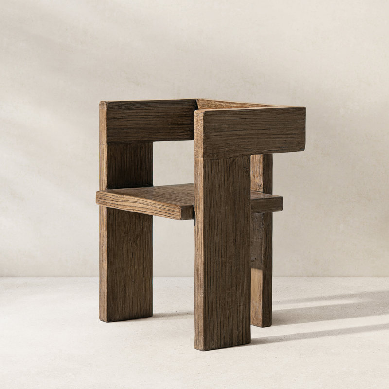 Avenel Solid Reclaimed Elm Sculptural Block Accent Chair, Brown