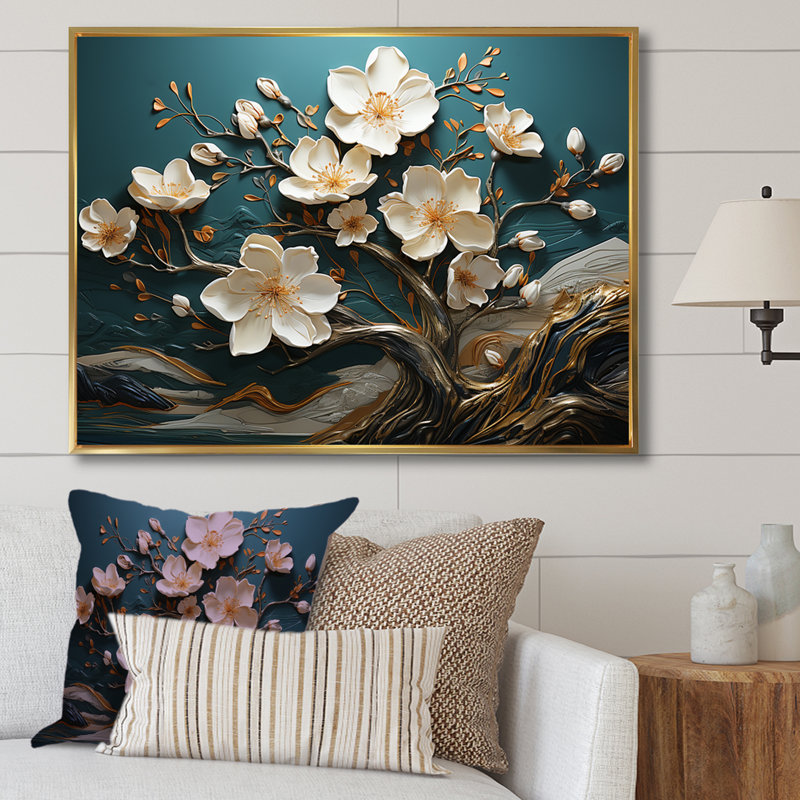 Blanc et or, charmante fleur printanière élégance II - fleurs, art mural, Cadre flottant doré, H 16 po x l 32 po x P 1 po