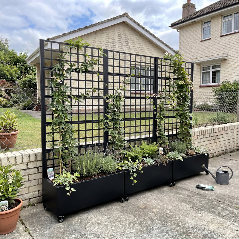Conall Galvanized Metal Planter Box with Trellis and Wheels, Black, 70.9" H x 35.4" W x 15.7" D