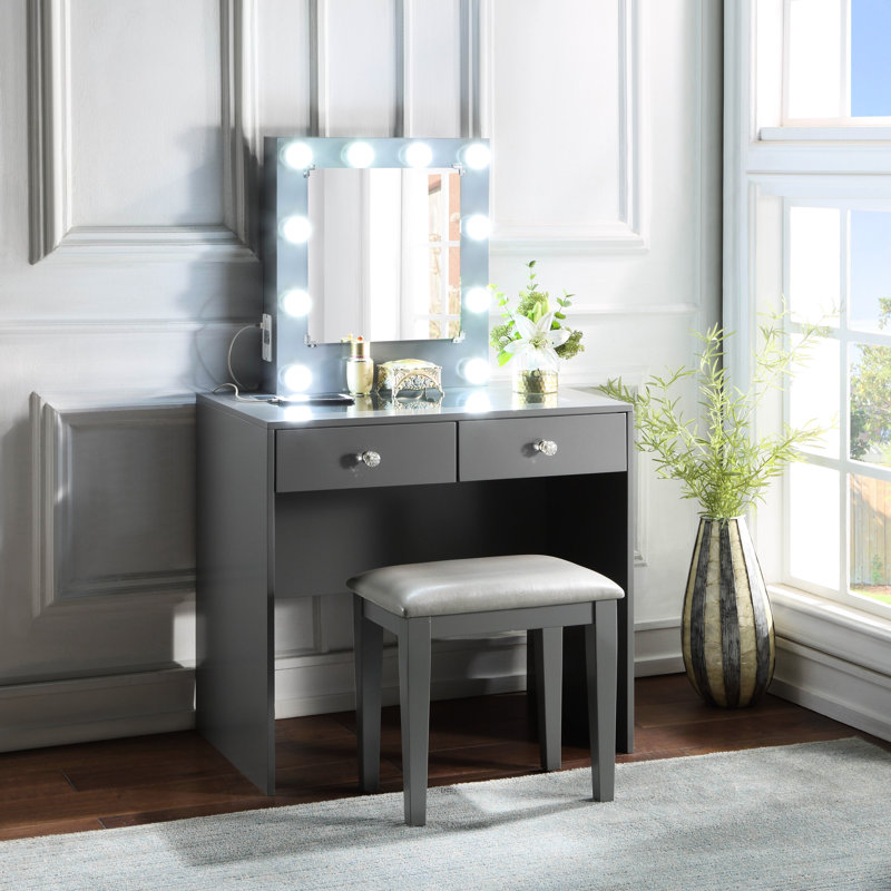 Gray Luxury Makeup Vanity With Stool, 10 Lights, , Power Outlet, 2 Drawers For Bedroom Lights And Port,, Gray