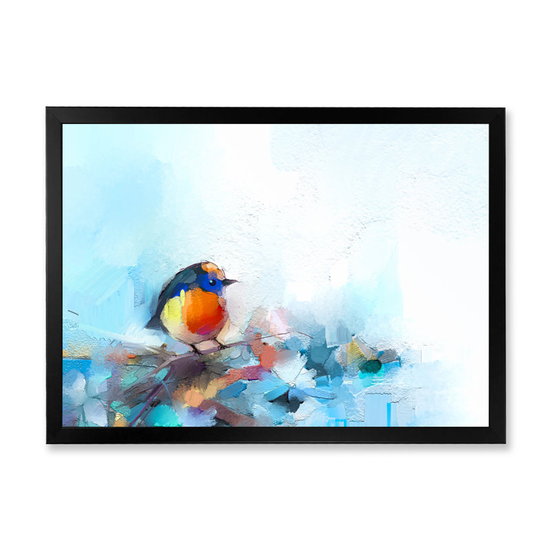 «Paintbrush Orange and Turquoise Bird», reproduction sur toile flottante, Cadre photo noir, H 24 po x l 36 po x P 1 po