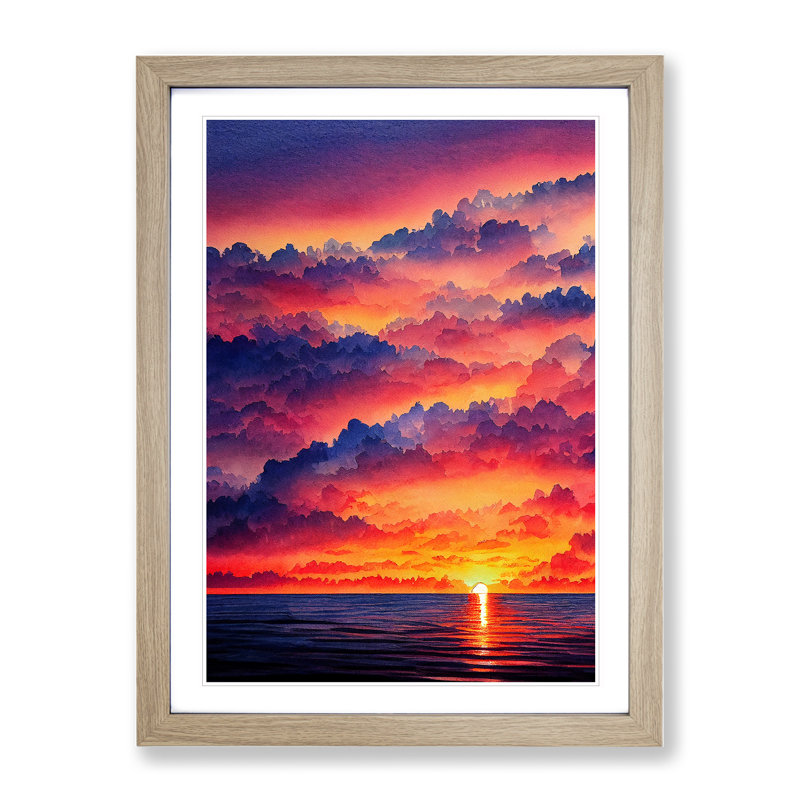 Striking Ocean Sunset No.5 - Framed Print, 34cm H x 25cm W x 2cm D, Oak 