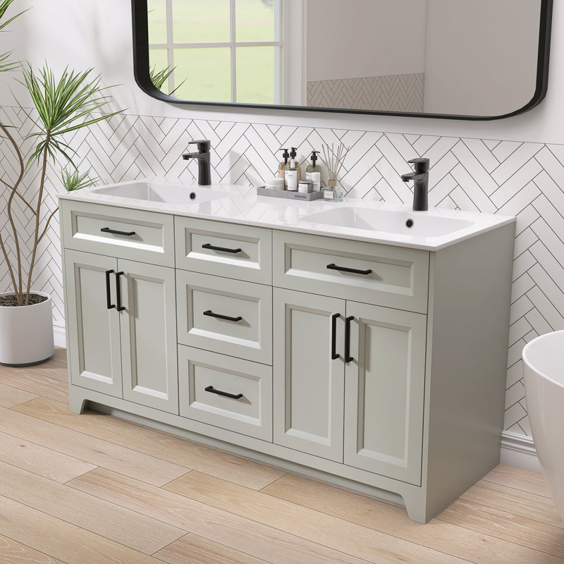 Ensemble de meuble-lavabo double 60 po avec surface solide Qualik, Gris clair