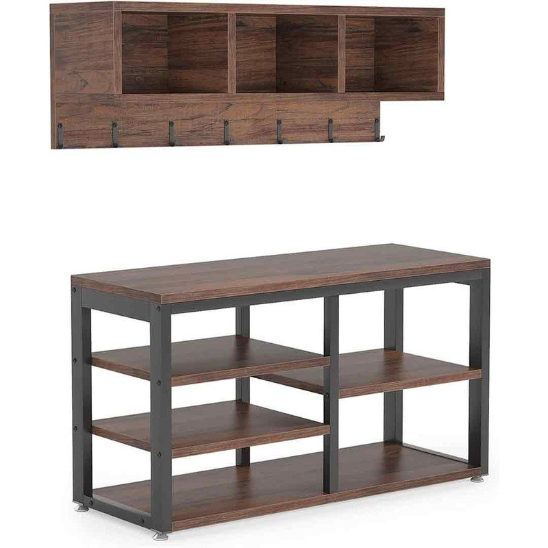 Edalyn 31.5"  Wide Hall Tree with Bench and Shoe Storage, Rustic Brown