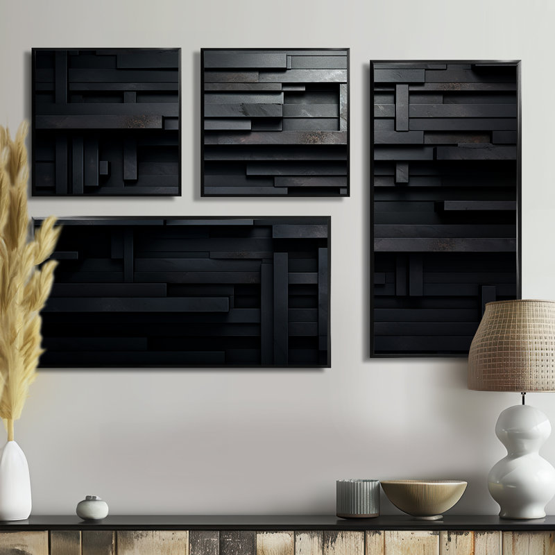 Cube de brique noire Dimensions V - art mural géométrique abstrait 4 pièces, Impression encadrée sans passe-partout, Noir