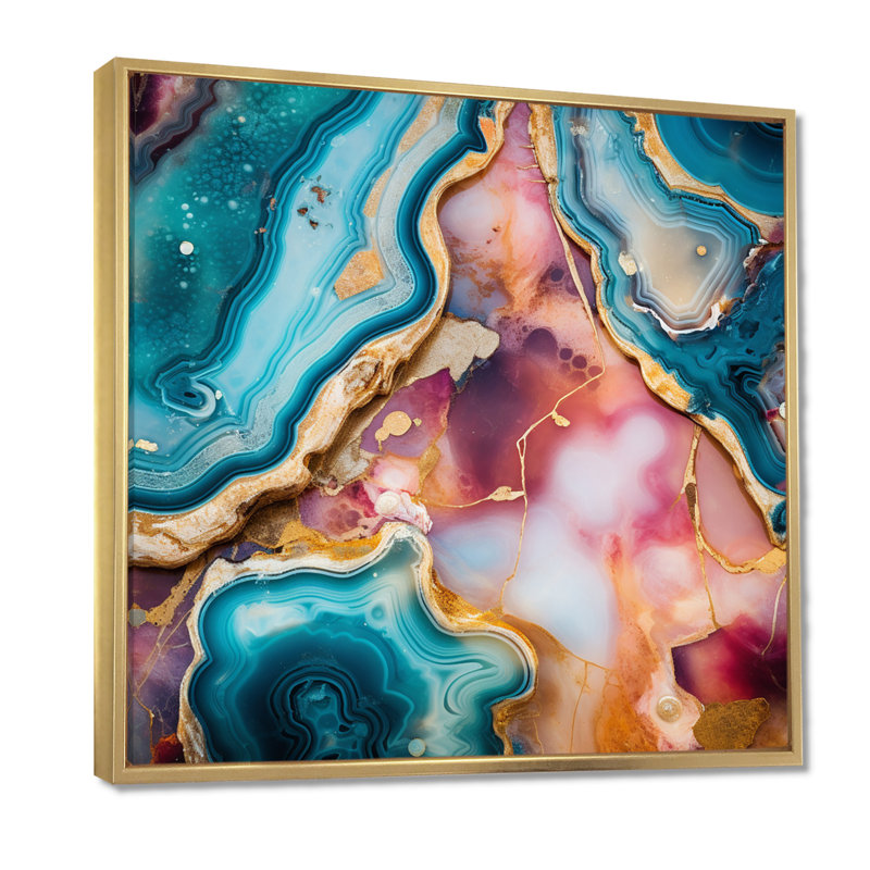 Décoration murale sarcelle Agate Waves Of Glam Gold III - marbre, H 16 po x l 16 po, Cadre flottant doré