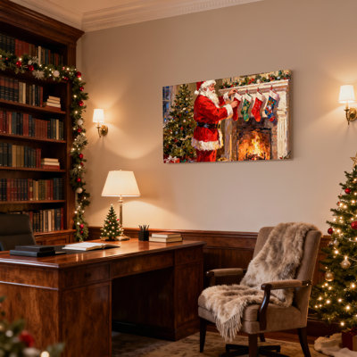 «Christmas Santa Claus Hanging Stockings By Fireplace», ensemble de 3 impressions murales sur toile