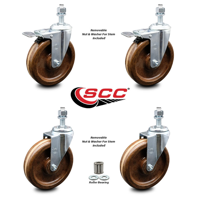 6 Inch High Temp Phenolic Swivel 12mm Stem Caster Set 2 Total Lock Brake SCC