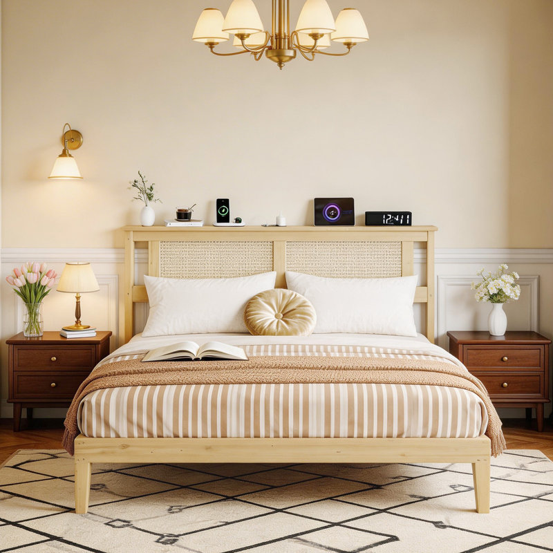 Base de lit plateforme Boho avec tête de lit en rotin avec station de charge et rangement grand lit, Queen