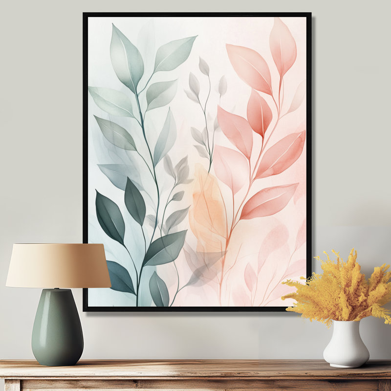Décoration murale feuilles rose rosé Accent I - feuillage rose, H 44 po x l 34 po, Cadre flottant noir