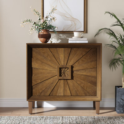 Mid-Century Modular Credenza Sideboard, Small Space Cabinet with Sunburst Doors and Adjustable Shelves for Dining and Entryway