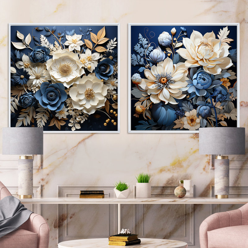 Ensemble de 2 collages de fleurs bleues et blanches saisonniers, Cadre flottant blanc, H 16 po x l 33 po