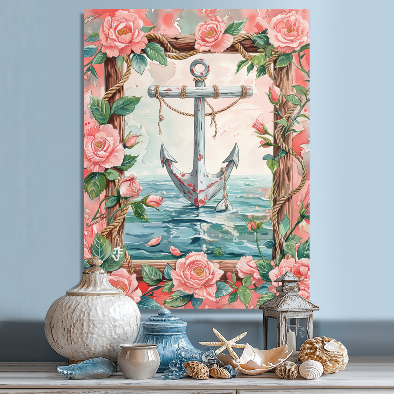 Rose, vert, côtier, ancre rétro, roses V - art mural bord de mer, salon, Toile tendue, H 40 po x l 30 po