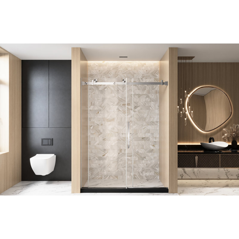 56 - 60 "w X 76" H Single Sliding Shower Door For Bathroom, Featuring 1/4" (6 Mm) Clear Tempered Glass, Proof Film, Stainless Steel Square Tube Track And Handle In Brushed Nickel, American Design,
