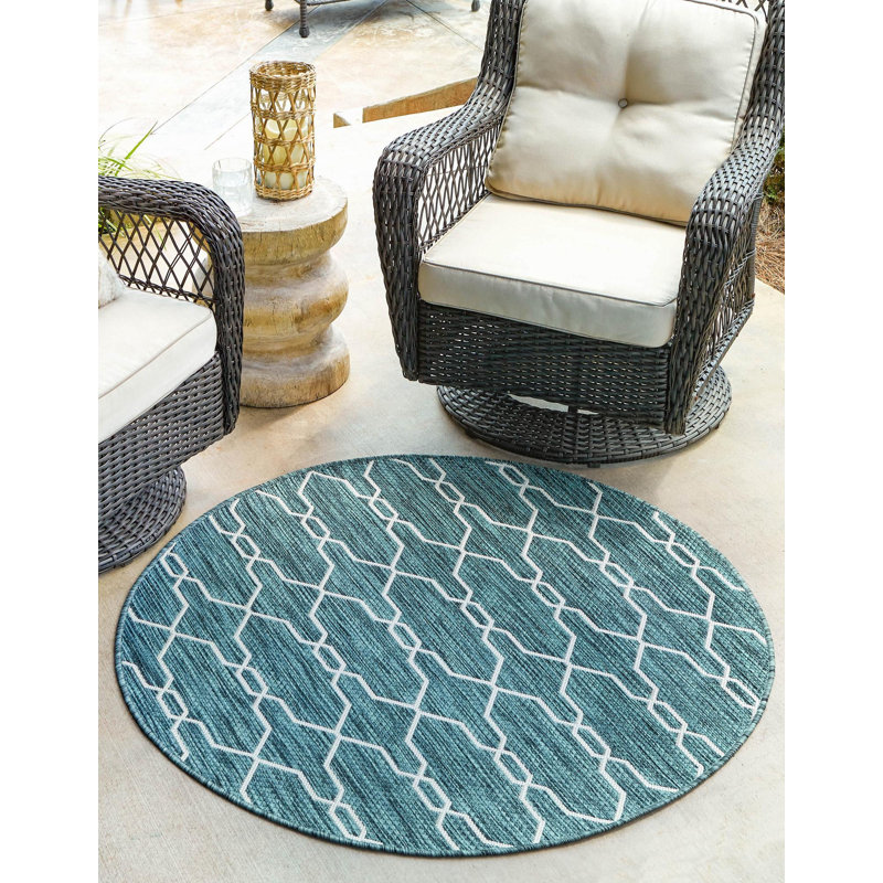 Tapis intérieur / extérieur bleu sarcelle Joniell, Rond 4 pi 1 po