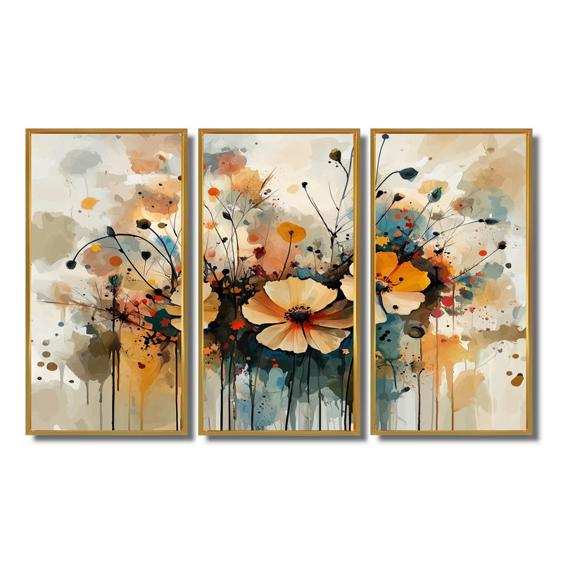 «Wildflowers Blooming Abstract Symphony I», ensemble de 3 fleurs sauvages, H 28 po x l 36 po, Doré