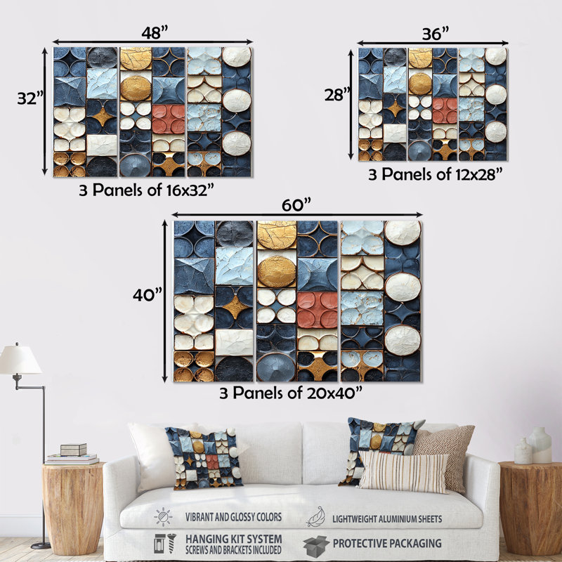 Abstract Blue And White Rhythms Tiles II - Abstract Tile Wall Art Set, Metal, 40" H x 60" W x 1" D