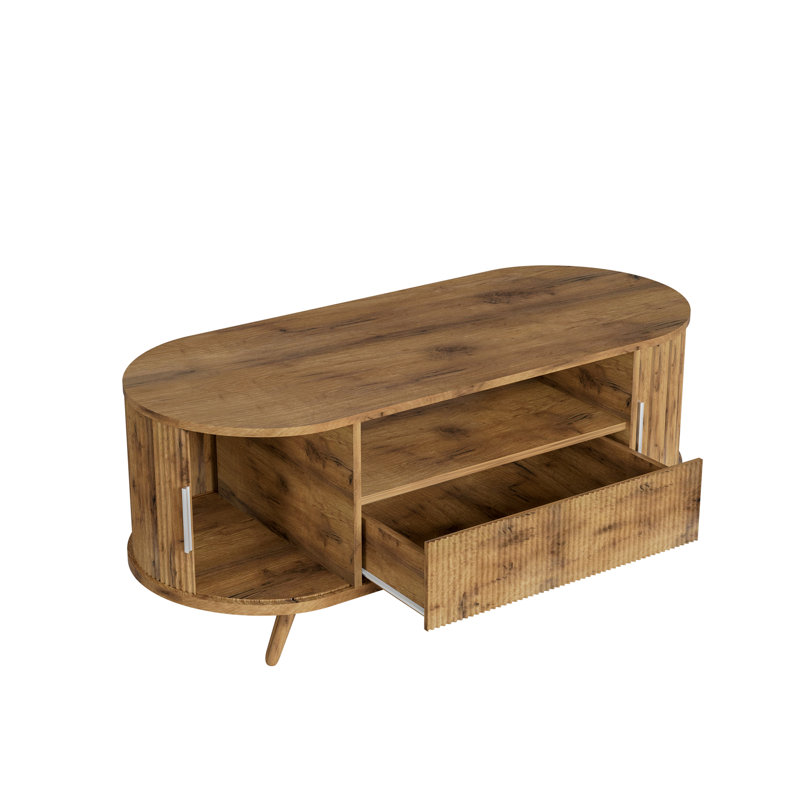 Table basse ovale DFW de 115 cm (45,27 pouces) avec rangement, style moderne du milieu du siècle, chêne naturel