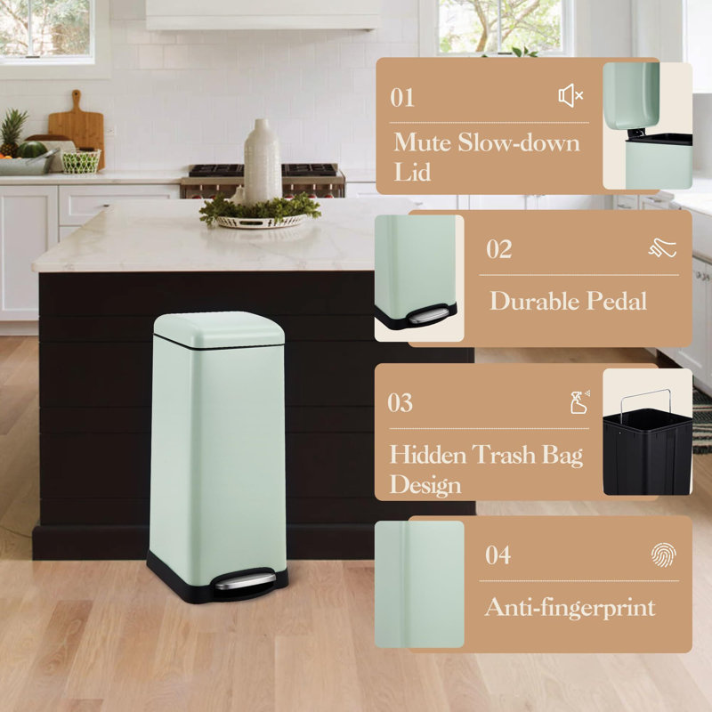 Poubelle de salle de bain 8 gallons, poubelle à pédale carrée 30 litres en acier inoxydable avec couvercle à fermeture douce pour la cuisine, avec seau intérieur amovible