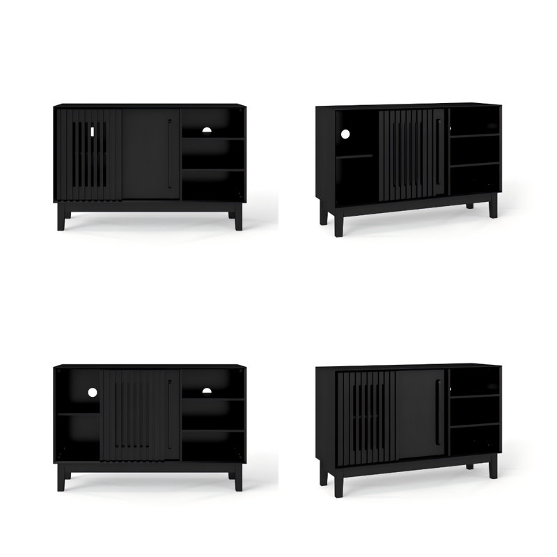 Buffet 47,3 "noir avec rangement, 2 portes et pieds en bois massif Farmhouse - Console multimédia polyvalente pour la cuisine, la salle à manger, le salon, le vestibule et le couloir