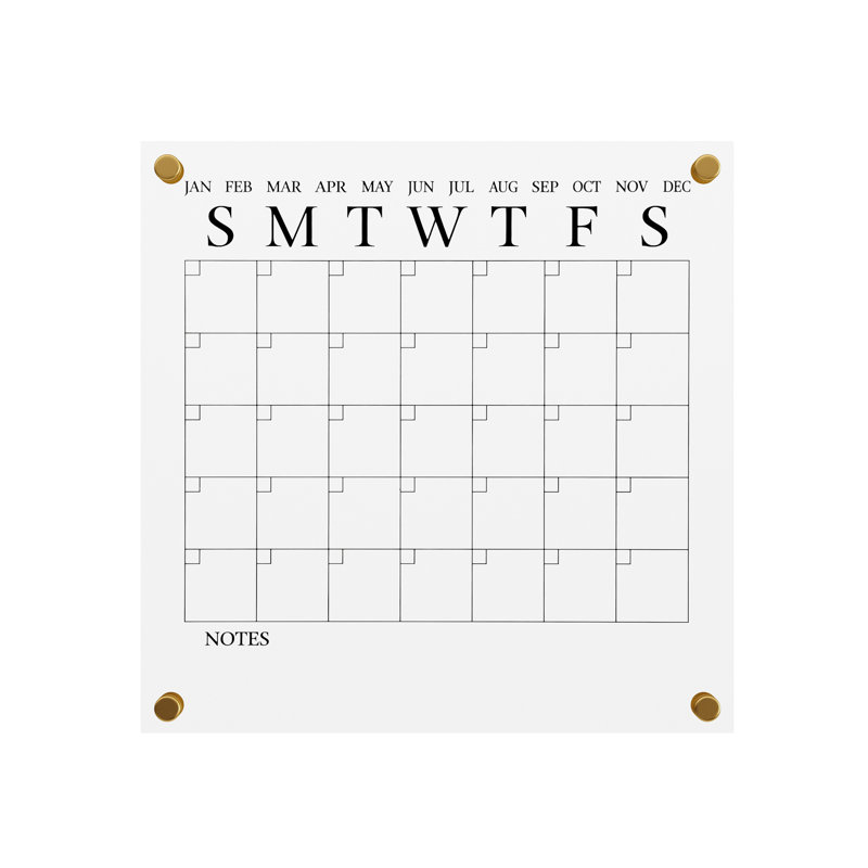 Clear Acrylic Monthly Wall Calendar with Black Print and Dry Erase Marker