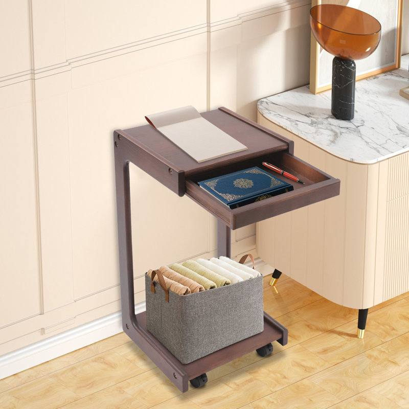 26" Tall 2-Tier Solid Wood C-Shaped Nightstand Side Table With Drawer & Lockable Wheels
