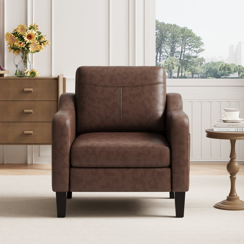 Wide Upholstered Accent Chair Faux Leather Armchair, Chocolate