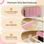Structure de lit simple rose rembourrée avec tablettes de rangement, lumières DEL et prise pour chambre de fille