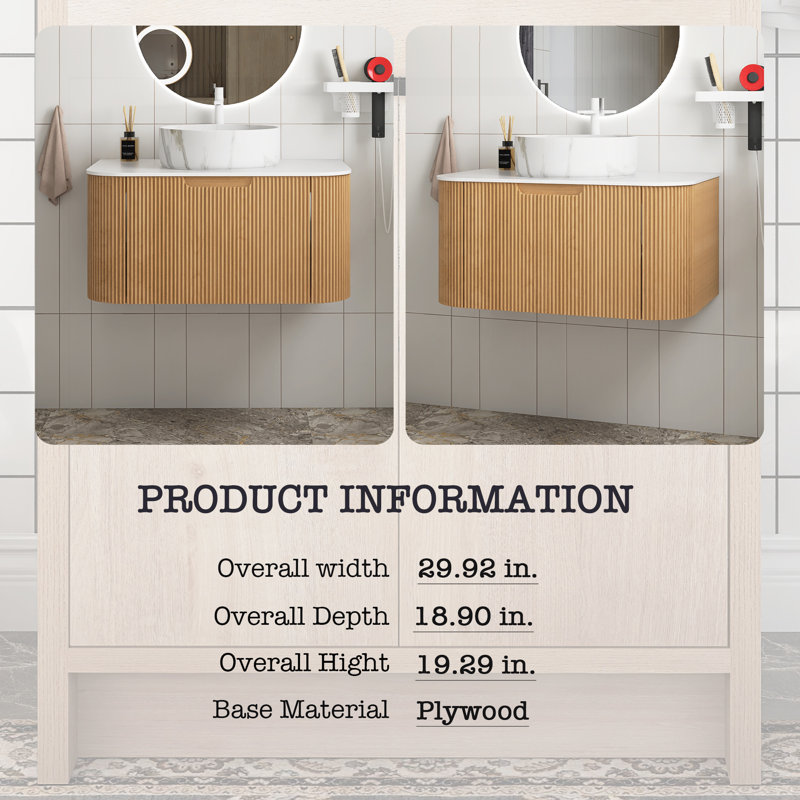 Meuble-lavabo mural avec plateau et tiroir, Naturel, 30", Marbre