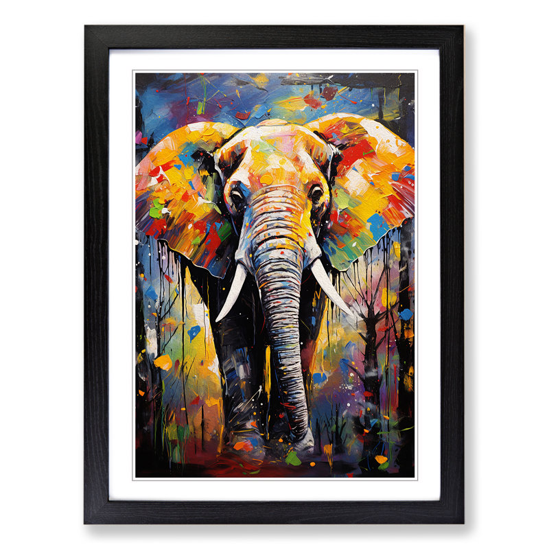 Elephant Expressionism No.3 - Single Picture Frame Print on Wood, Black, 64cm H x 46cm W x 2cm D