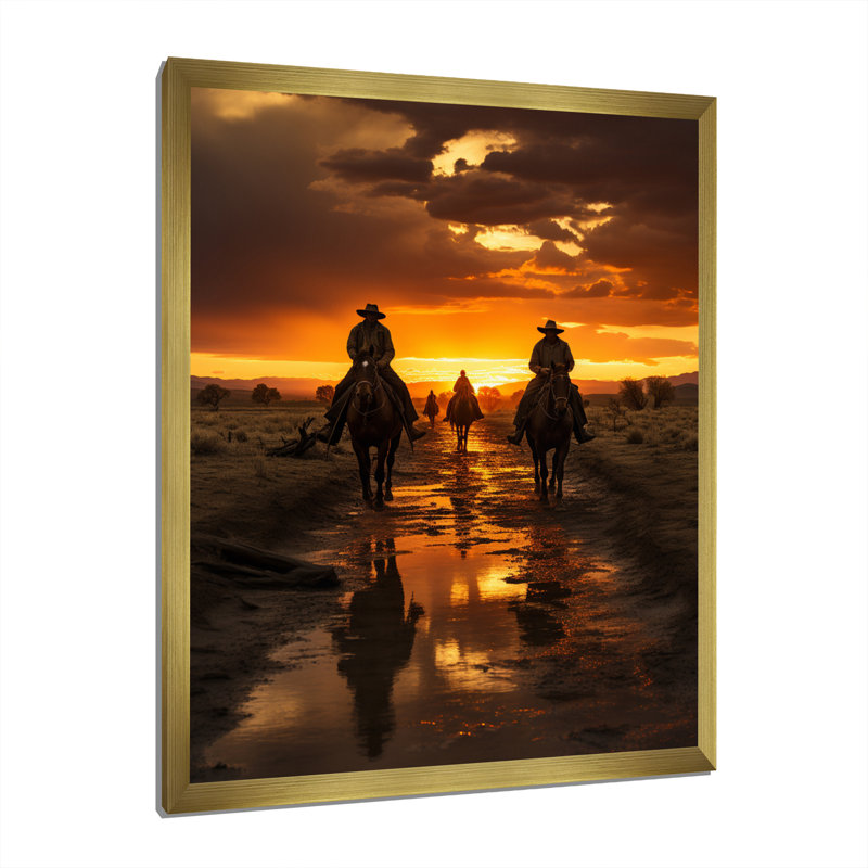 «Western Sunset Riders Portrait II», reproduction sur toile, H 32 po x l 16 po x P 1 po, Cadre doré à une seule photo