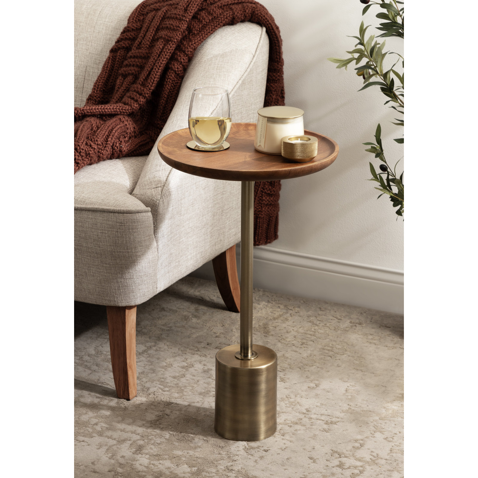 Armengol Solid Wood End Table, 24'' H X 14'' W X 14'' D, Brass, Walnut