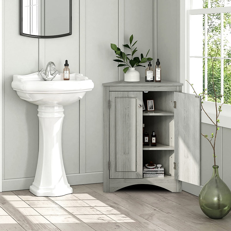 31.5"H Triangle Bathroom Storage Cabinet with Adjustable Shelves, Oak
