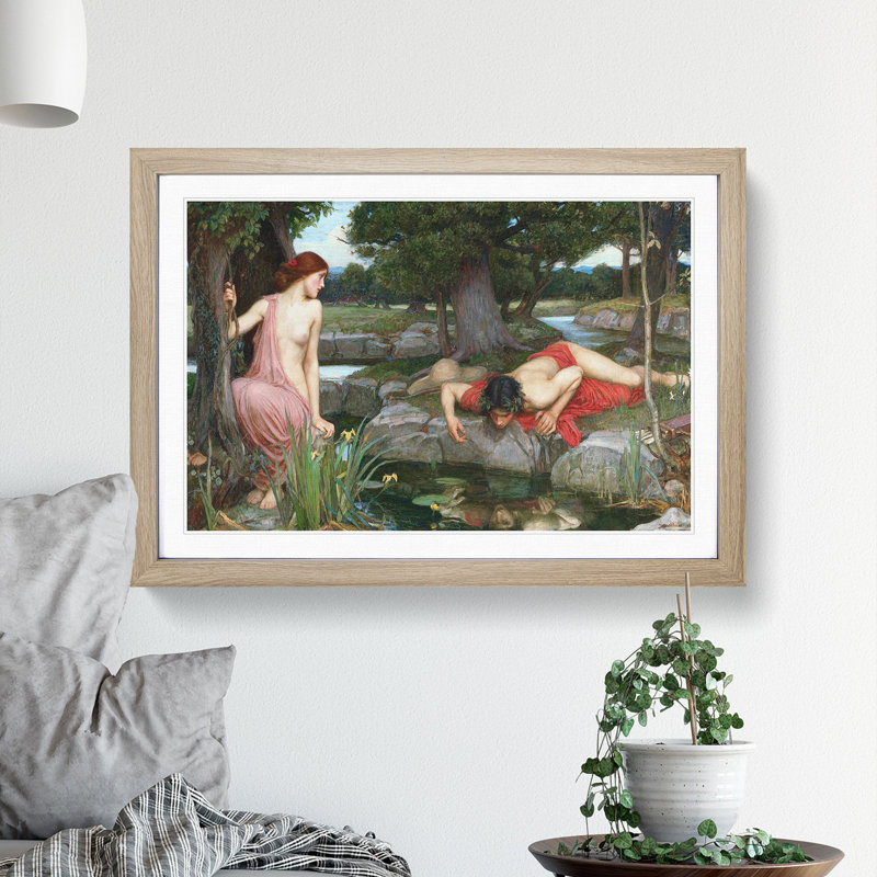 Echo and Narcissus by John William Waterhouse - Framed Print, 27cm H x 36cm W x 2cm D, Oak Framed