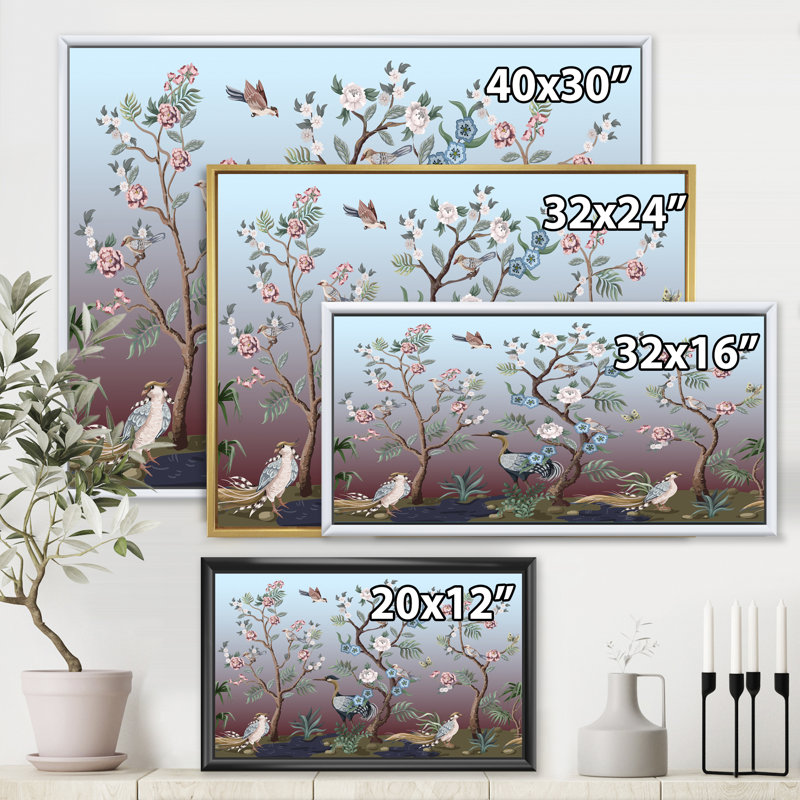 Chinoiserie avec oiseaux et pivoines - peinture sur toile, H 16 po x l 32 po x p 1 po, Cadre flottant noir