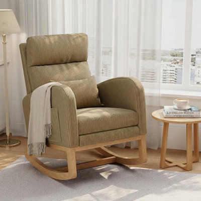 Corduroy Rocking Chair without Footrest, Modern Nursery Glider with Side Pockets & Pillow, Wooden  Rocker for Living Room, Bedroom, Nursing Room