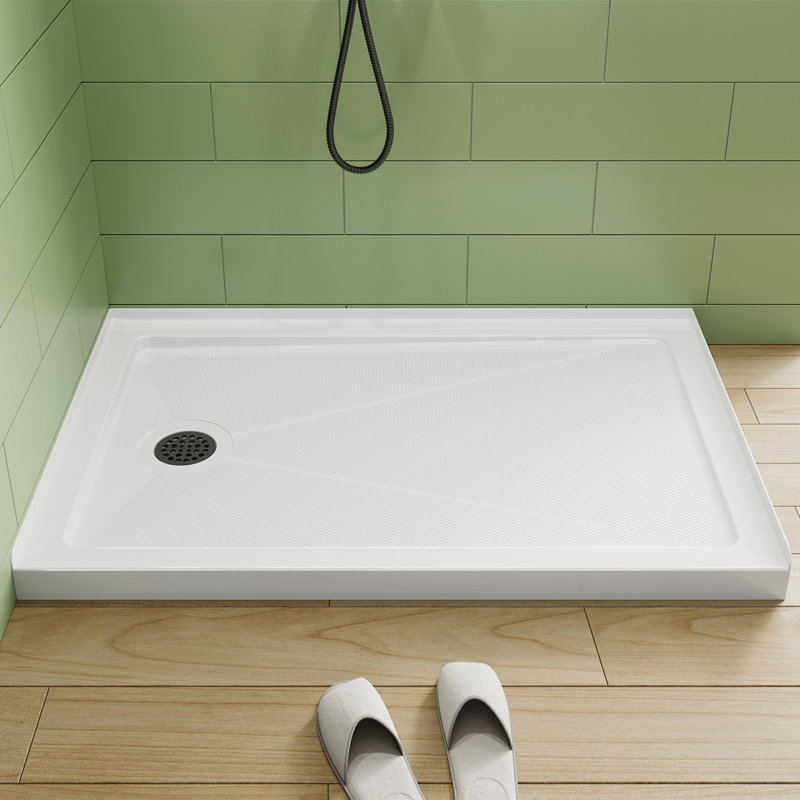 48" W x 32" D White Shower Base with Drain Assembly and Drain Cover Included, Non-slip Shower Pan, Left, Matte Black
