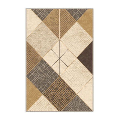 Machine Washable Bemott Preppy Checkered Rug in Beige – Beige Binding