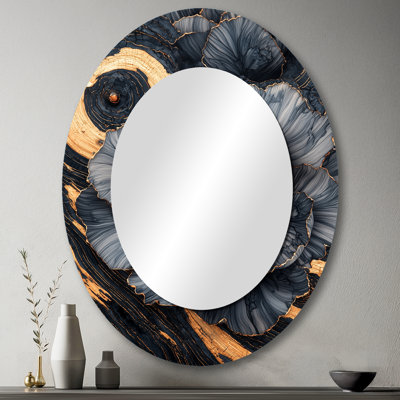 Pivoines dorées et noires fragiles beauté II - grand miroir mural ovale sur métal