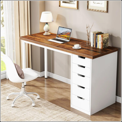 Bureau d'ordinateur moderne de 47 pouces avec 5 tiroirs et armoire réversible, idéal pour les petits espaces et le bureau à domicile