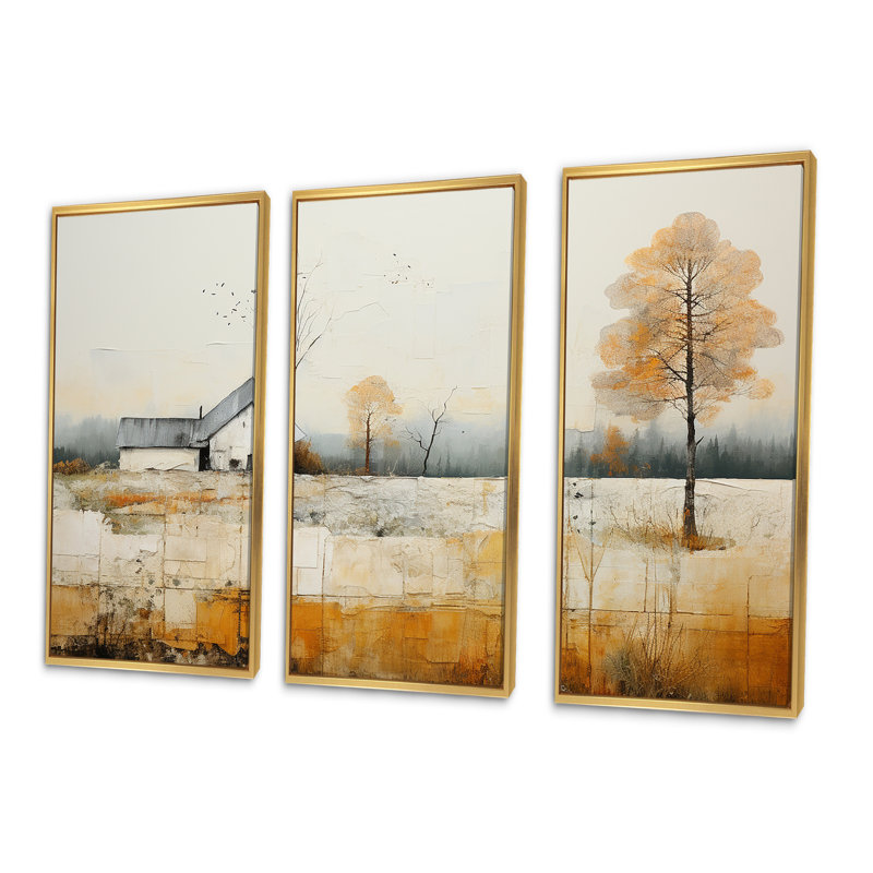 «Bold Mute Tone Countryside Landscape IV - Ensemble d'art mural sur toile campagne, Cadre flottant doré, 40" H x 60" W x 1" D