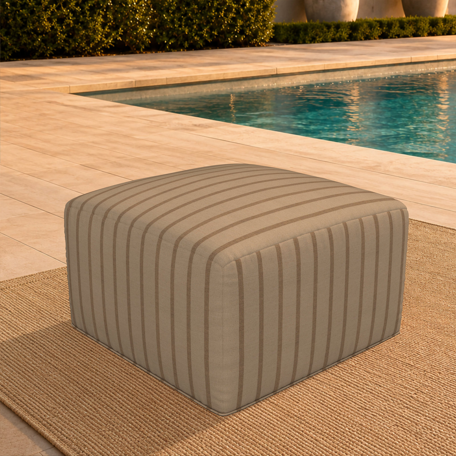 Praia Sunbrella® Patio Ottoman, 16" H x 29" W x 29" D, Unwind Driftwood Striped Sunbrella®