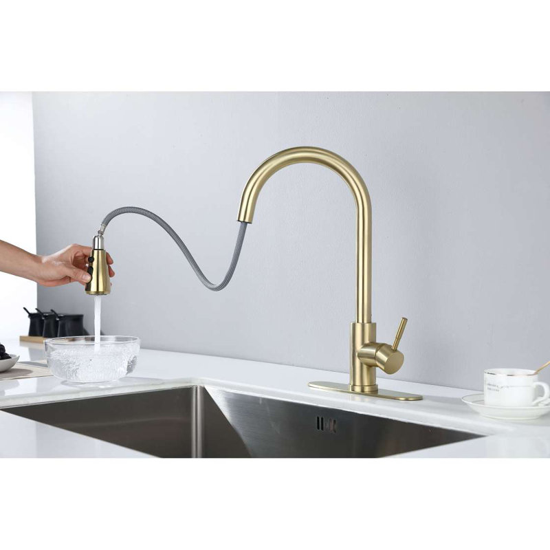 Robinet de cuisine avec douchette extractible, Or brossé