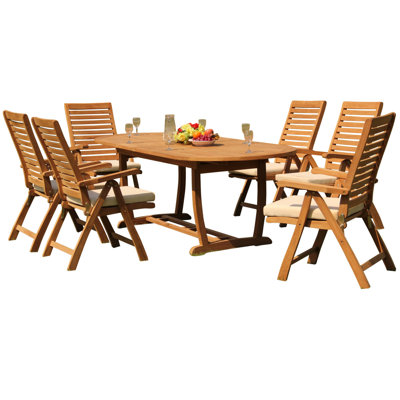 7 Pcs Grade-A Teak Wood Dining Set: 94" Mas Oval Trestle Leg Table And Ashely Folding Reclining Arm Chairs #11AS2306