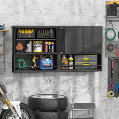 Armoire de rangement en métal verrouillable 31 po avec portes et tablettes, rangement mural verrouillable, armoire murale suspendue en acier noir flottant pour buanderie de bureau