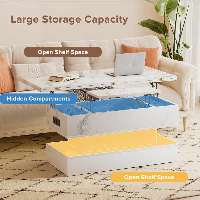Lift Top Storage Coffee Table with RGB LED Lights and Charging Station, Modern Marble Veneer Living Room Center Table, White