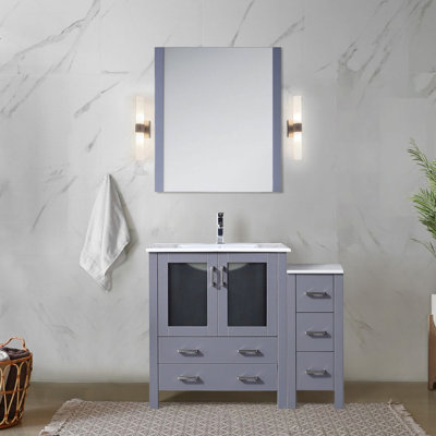 42 po Meuble-lavabo large gris foncé avec armoire latérale, plateau en céramique blanche, 28 miroirs, tiroirs à fermeture en douceur, 1 espace de rangement intérieur, meuble-lavabo à surface teintée, cinq tiroirs et un plateau