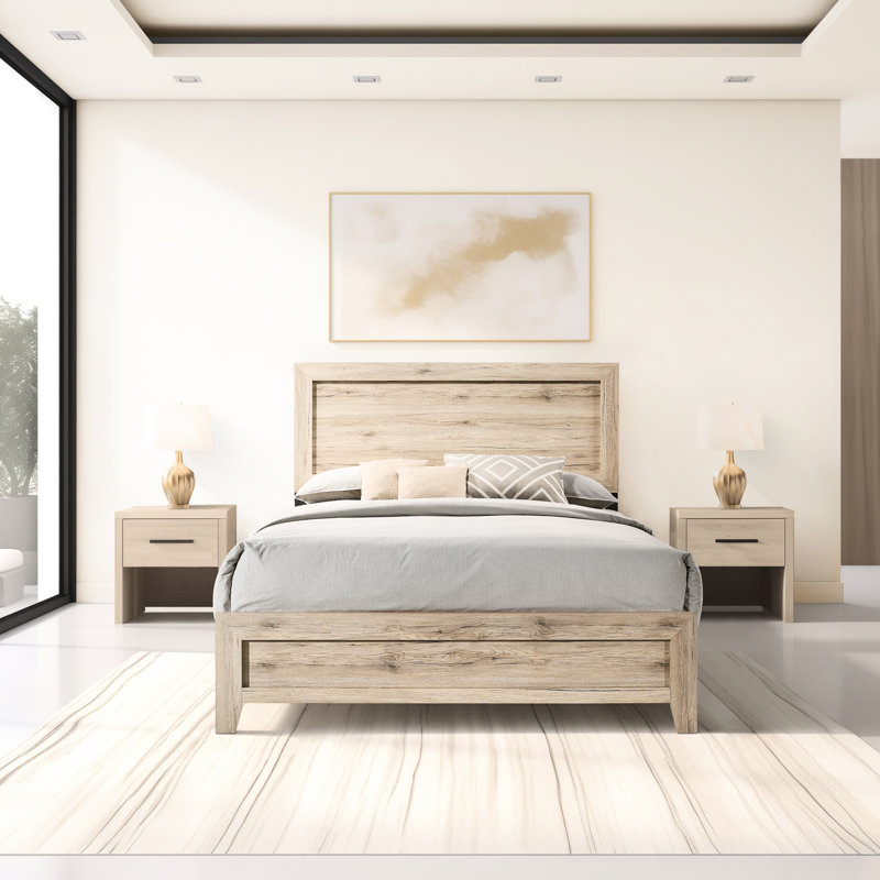Grand lit naturel pour une ambiance de chambre à coucher tranquille avec tête de lit à panneau et mécanisme de glissière en métal