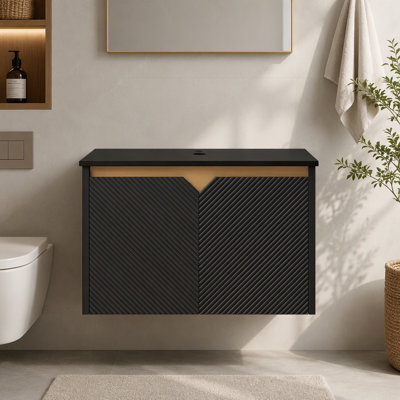 Armoire murale en contreplaqué noir 24 po et comptoir en pierre frittée noire RUBEN, sans lavabo, sans robinet ni couvercle d'évier